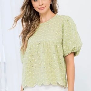 THML Green Puff Sleeve Eyelet Top - Size S
